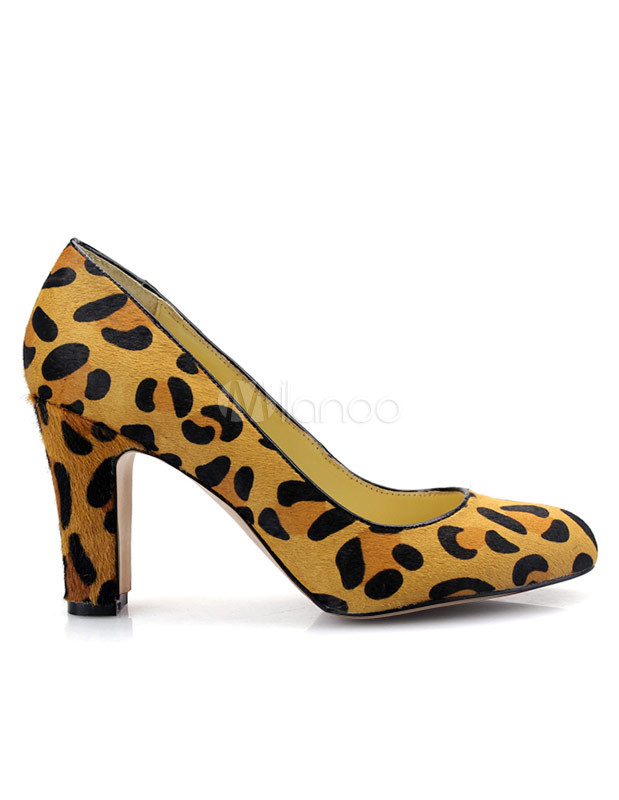 Brown Leopard Print Horsehair Women's Chunky Heels - Milanoo