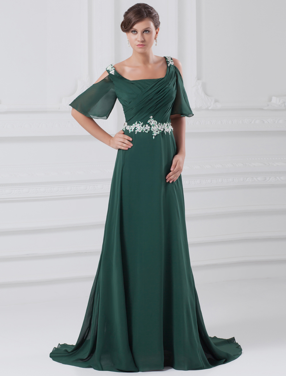 Dark Green Chiffon Evening Dress with Off-The-Shoulder Neck (Wedding Evening Dresses) photo