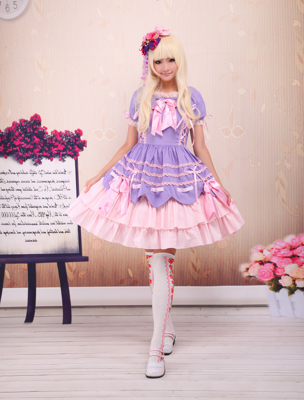 Sweet Purple Pink Lolita OP Dress Short Sleeves Layers Bows and Trim steampunk buy now online Sweet Purple Pink Lolita OP Dress Short Sleeves Layers Bows and Trim steampunk buy now online