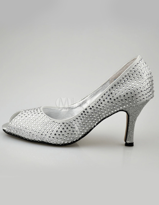 silver rhinestone satin wedding shoes