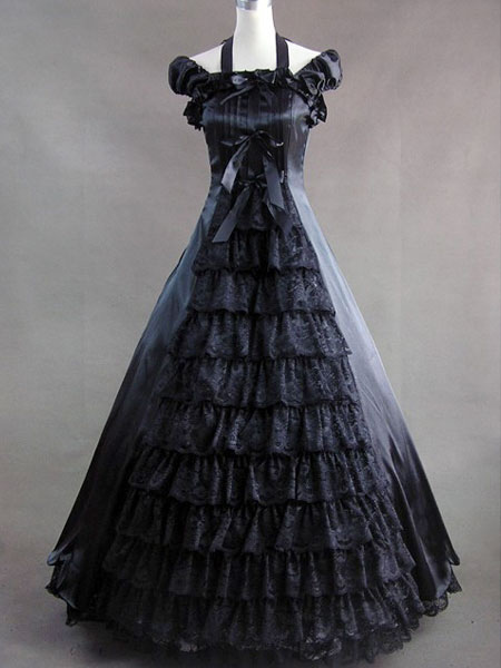 Gothic Lolita Renaissance Black Halter Multi-layer Satin Long Dress steampunk buy now online