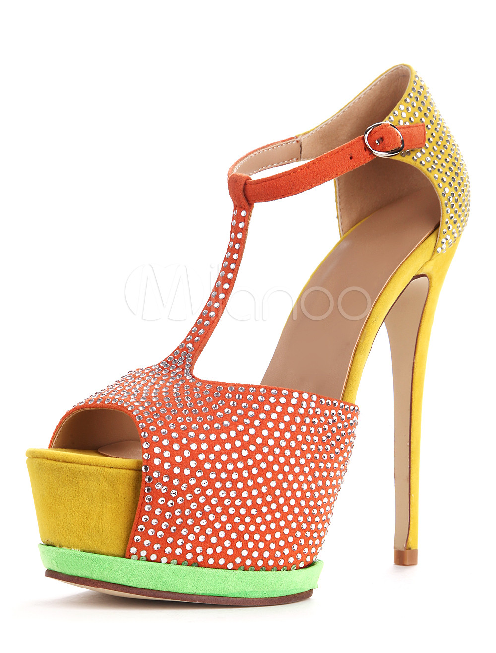dance glasses for strap Stiletto Glitter Strap Color Sheepskin Rhinestone T Suede Heel Multi