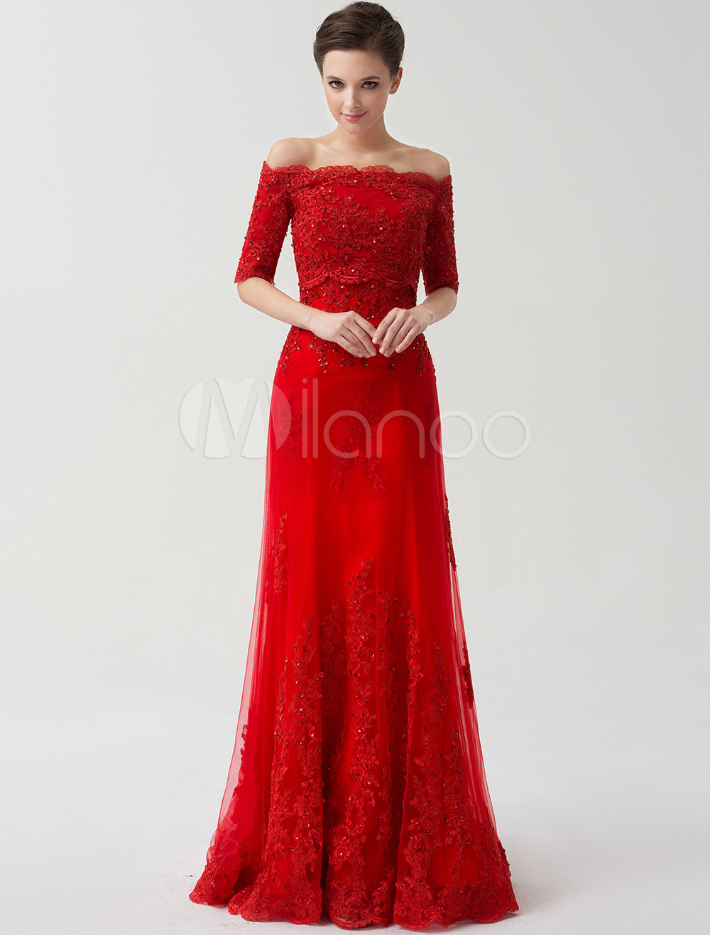 Red Wedding Dresses Off The Shoulder Bridal Dress Lace Applique Half Sleeve Sequin Floor Length Formal Evening Gowns photo