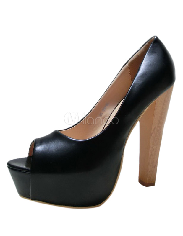 Gorgeous Black Chunky Heel PU Leather Women's Peep Toe Shoes - Milanoo ...