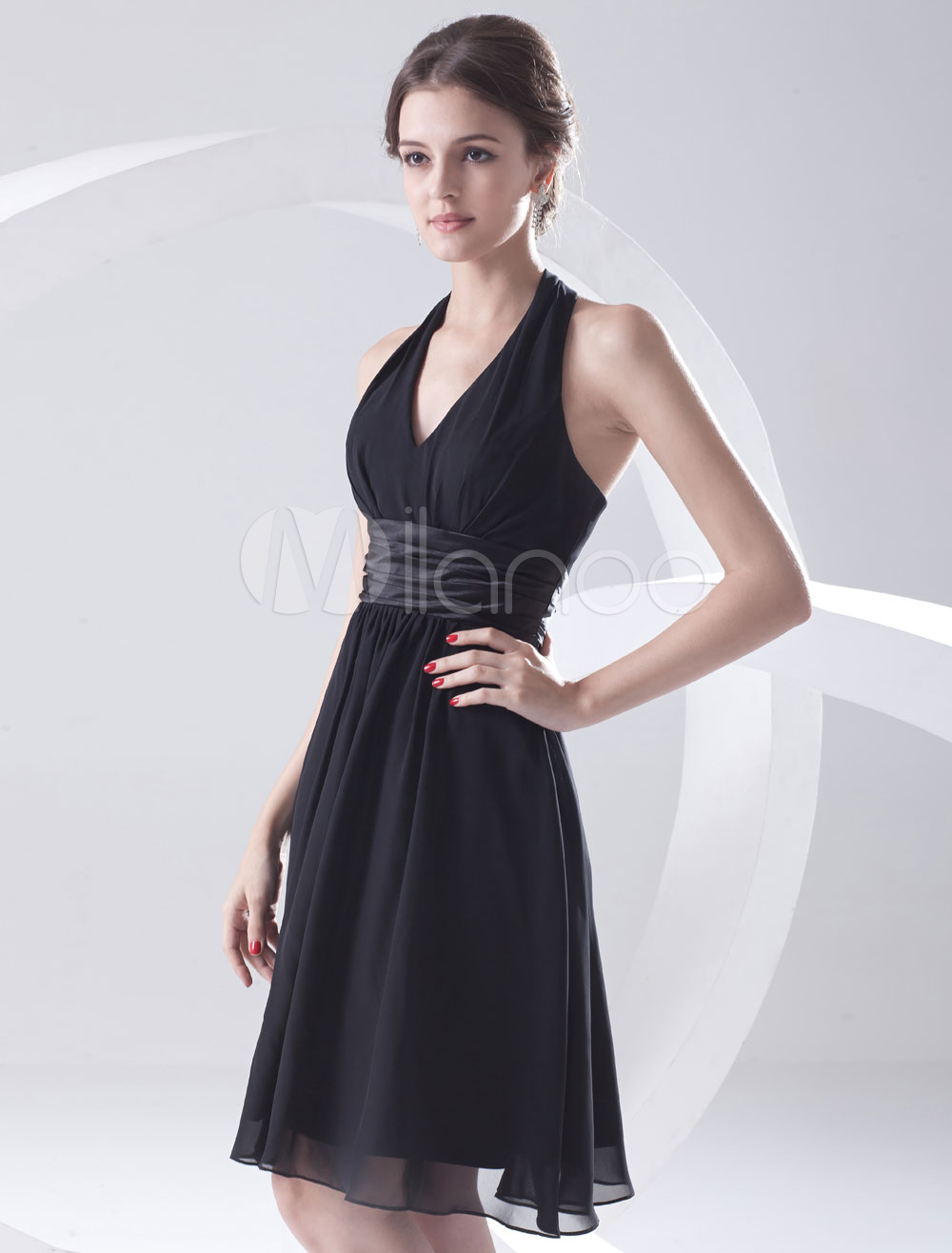 Knee-length Short Chiffon Dress with Halter Neck Flamingo