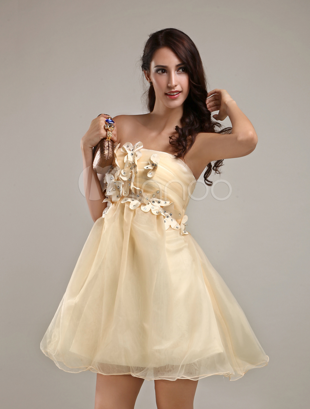 Modern Champagne Strapless Tulle A-line Womens Homecoming Dress