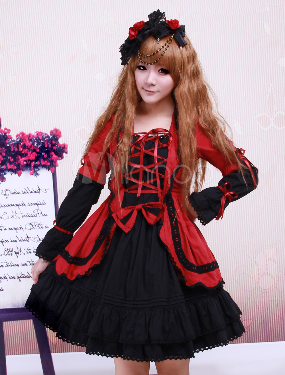 Red Black Cotton Lolita OP Dress Long Sleeves Lace Up Design Layers steampunk buy now online
