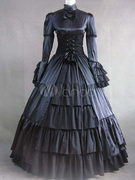Gothic Victorian Lolita Black Satin Long Dress steampunk buy now online Gothic Victorian Lolita Black Satin Long Dress steampunk buy now online