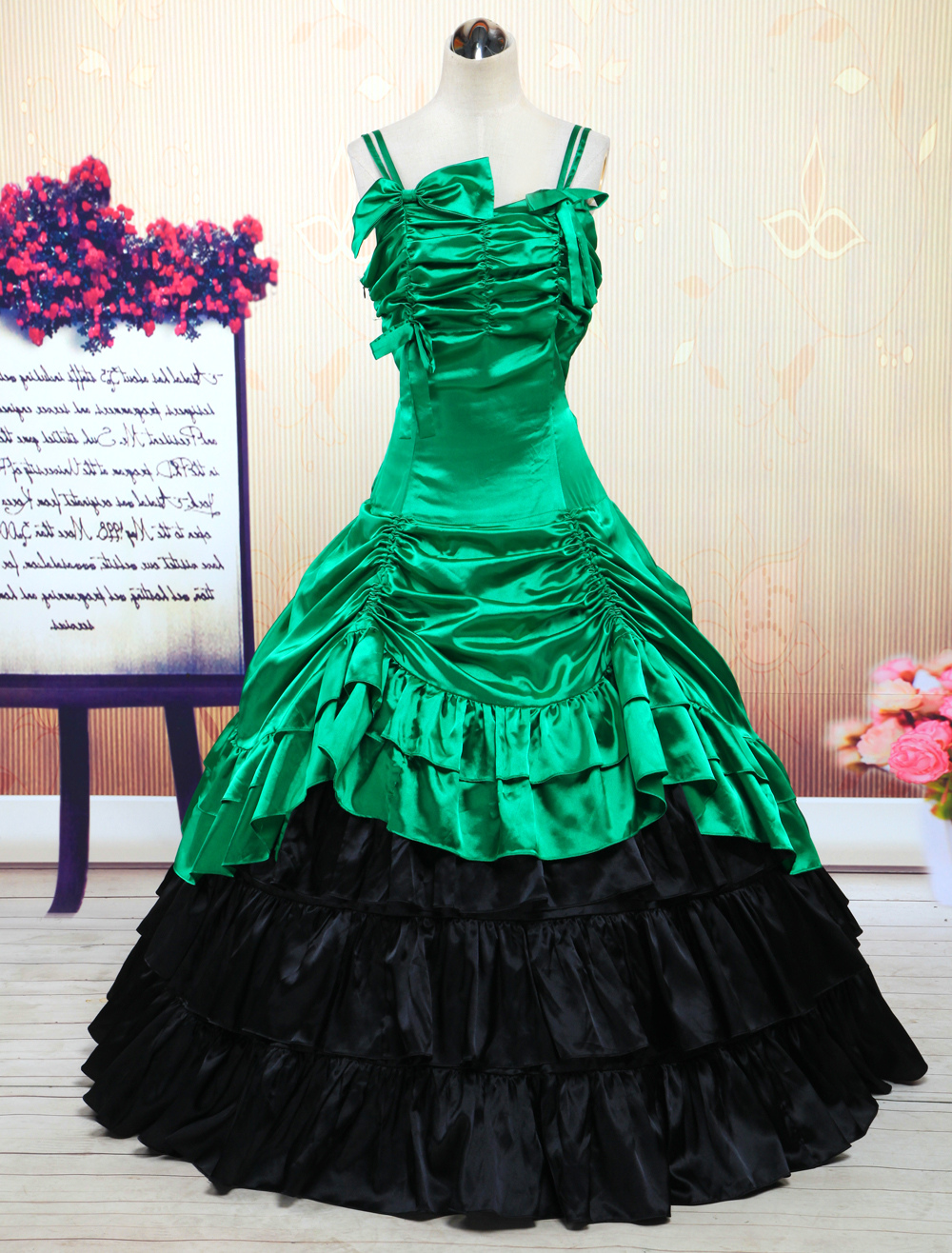 Vintage Costume Dress Women's Victorian Green Satin Ruffle Retro Maxi Dress Halloween (Costumes) photo