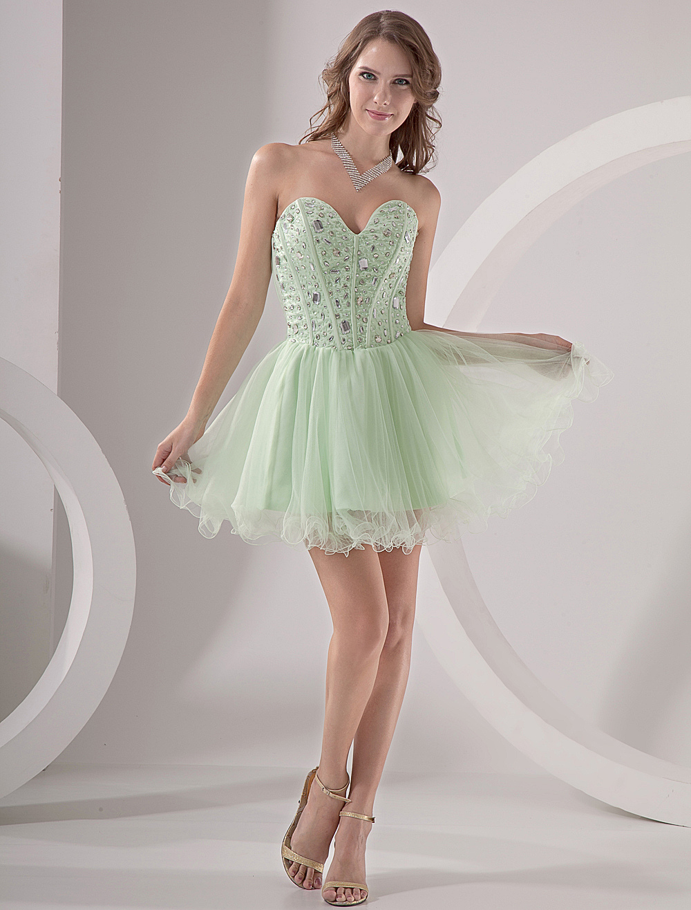 Mint Green Strapless Beading Organza Homecoming Dress (Wedding Cheap Party Dress) photo