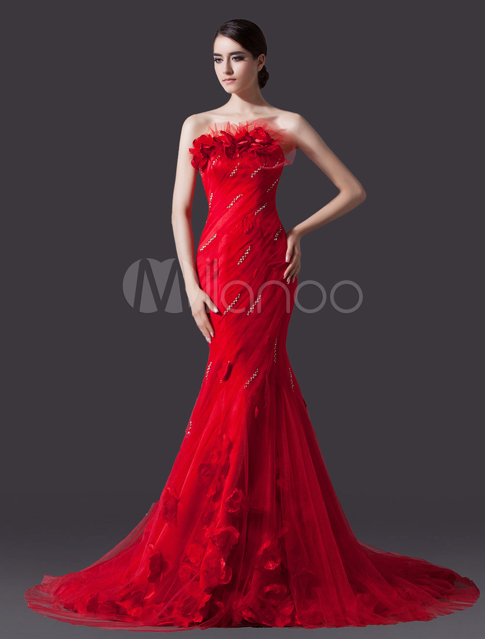Red Mermaid Strapless Flower Court Train Bridal Wedding Gown (Red Wedding Dress) photo