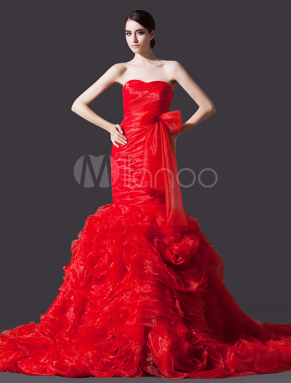 Red Mermaid Sweetheart Neck Strapless Ruched Bridal Wedding Gown (Red Wedding Dress) photo