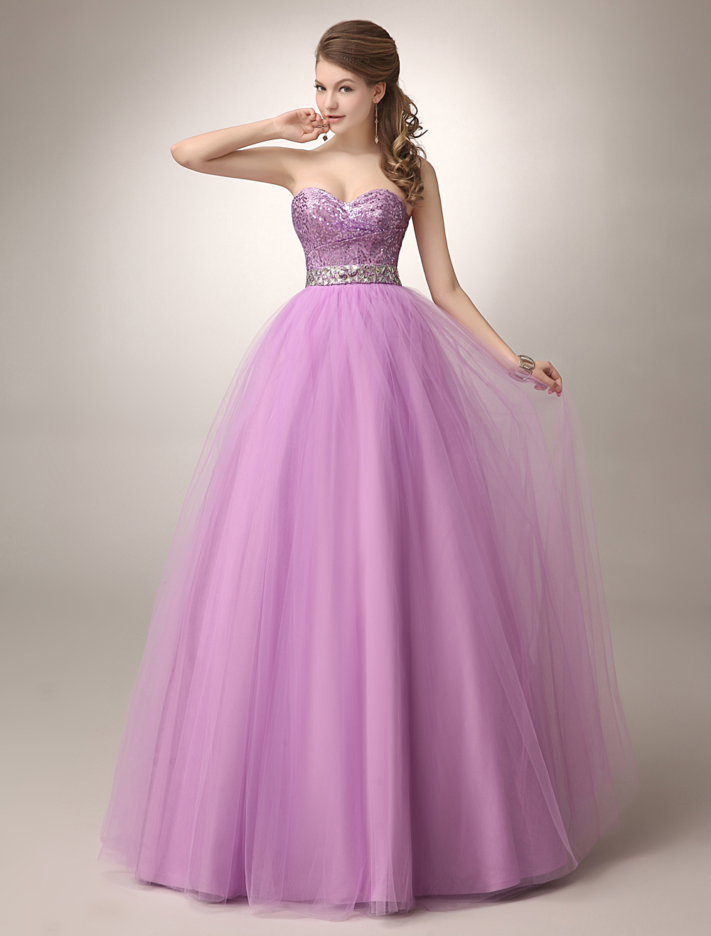 Fuchsia Pink Prom Dress Sequin Tulle Ball Gown Sweetheart Beaded Floor Length Quinceanera Dress (Wedding Prom Dresses) photo