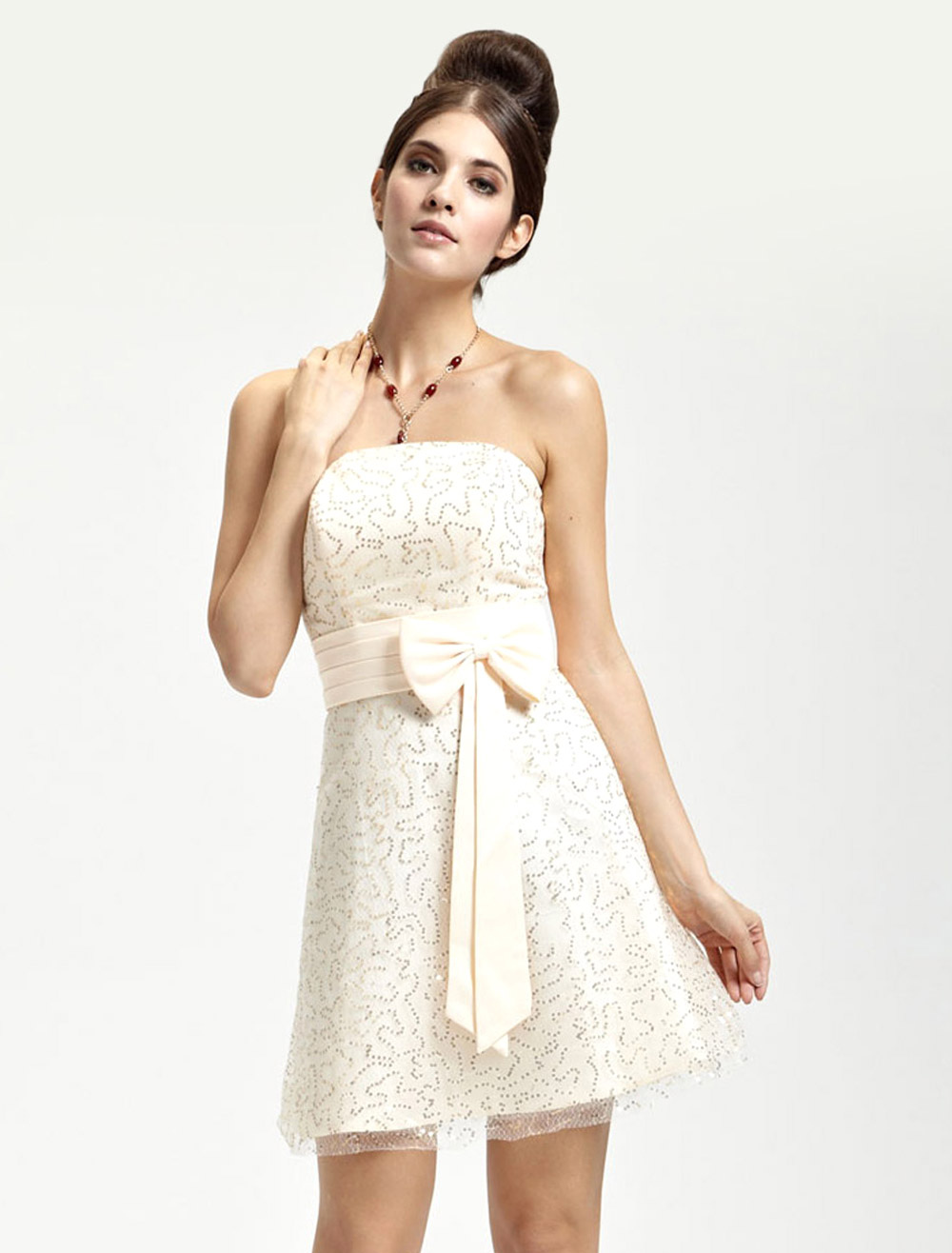 Cute Champagne Satin Strapless Knee Length Womens Cocktail Dress