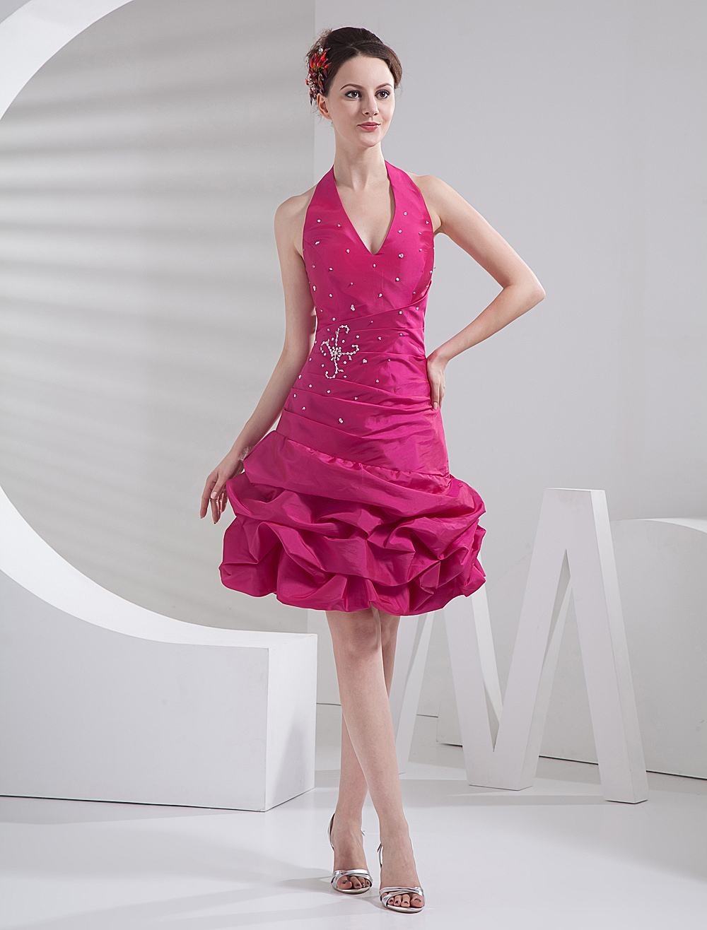 Halter Homecoming Dress A Line Hot Pink Taffeta Beading Mini Prom Dress (Wedding Cheap Party Dress) photo