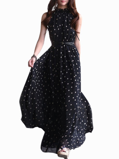 Black Polka Dot Sleeveless Belted Chiffon Womens Party Dress (Women\\'s Clothing Maxi Dresses) photo