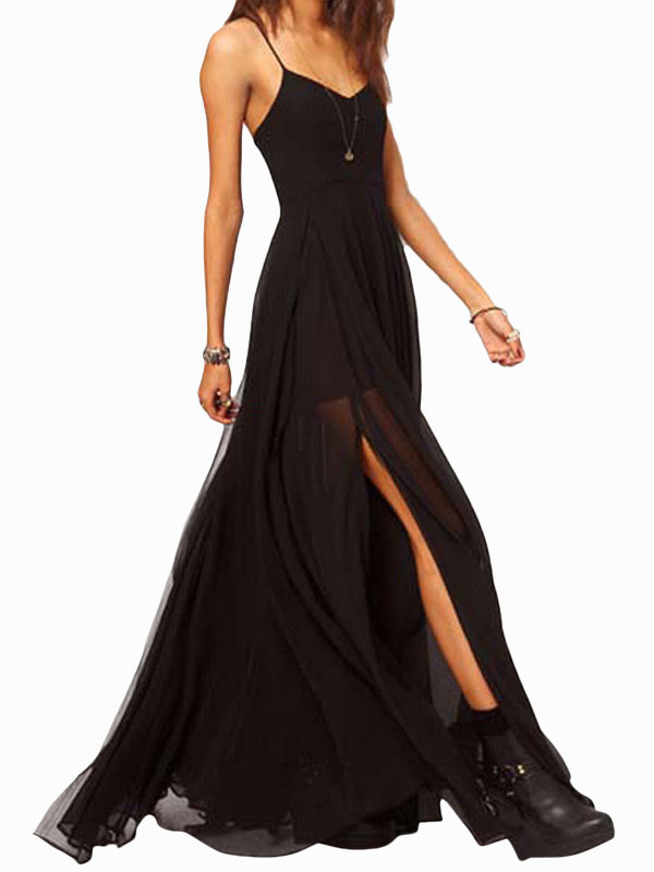 Black Maxi Dress Straps High Split Side Sexy Chiffon Dress (Women\\'s Clothing Maxi Dresses) photo