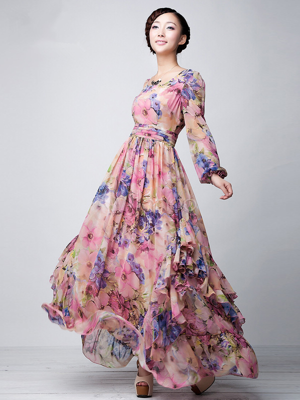 Pink Floral Printed Chiffon Maxi Dress - Milanoo.com