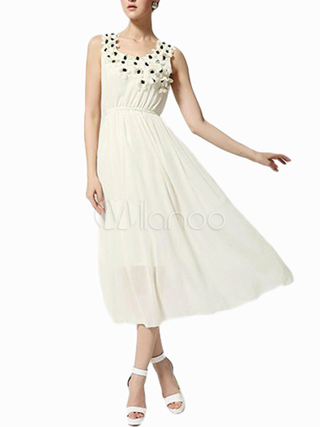 Charming-White-Scoop-Neck-Flower-Short-Sleeves-Maxi-Dress-for-Woman ...
