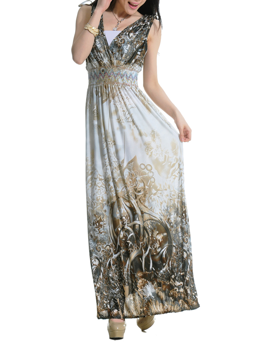 Daily Gray Floral Print Spandex VNeck Women's Maxi Dress