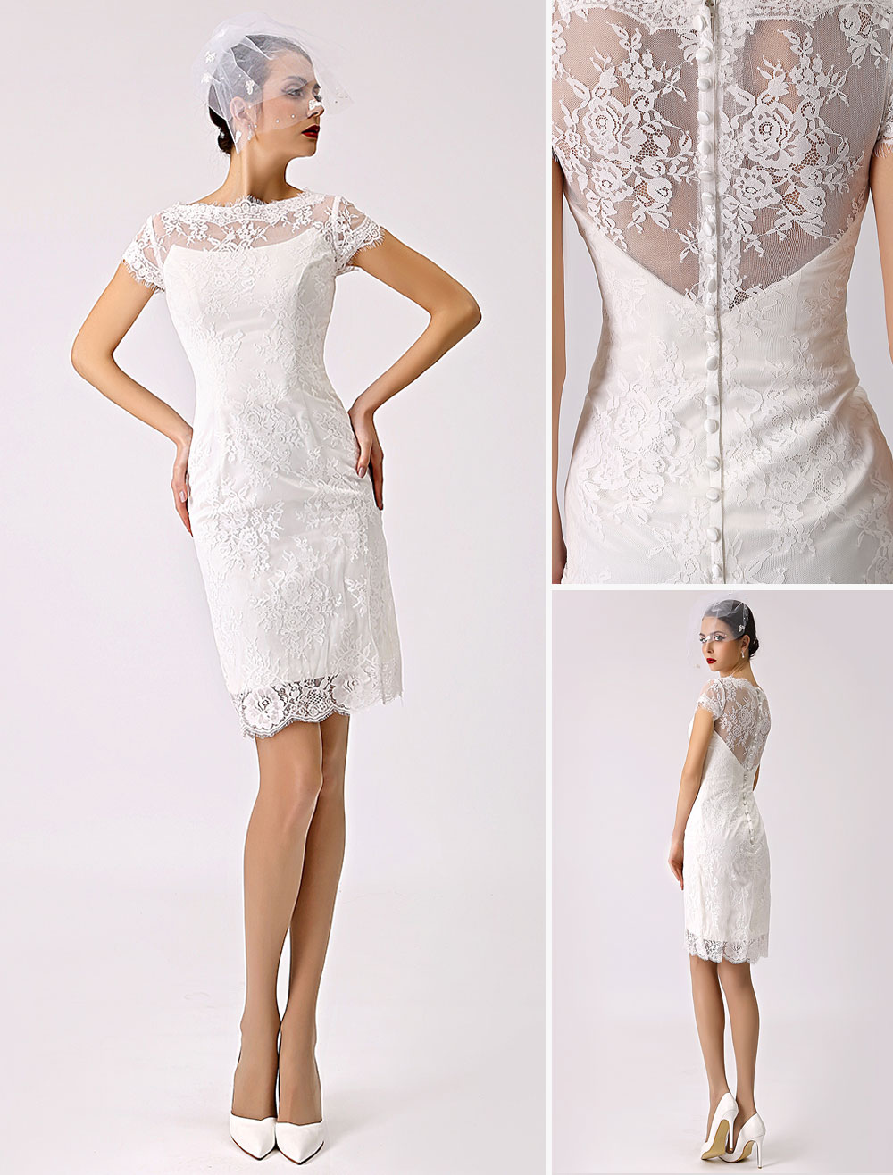 short wedding dresses 2018 lace Illusion Short Sleeve sheath column Reception Dress for Bride Milanoo (Cheap Wedding Dress) photo