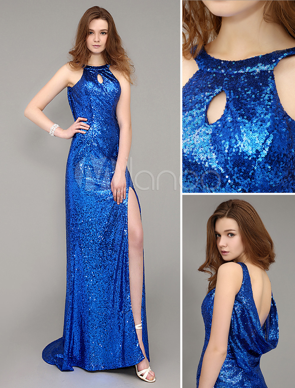 Royal Blue Cowl Back Sequined Long Evening Dress With Train (Wedding Evening Dresses) photo
