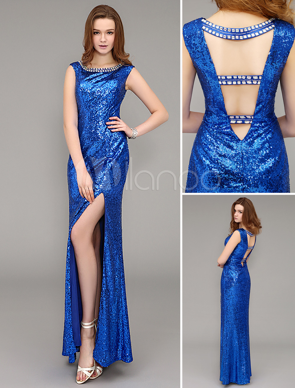 Royal Blue Long Sequined Evening Dress With Jeweled Neck and Open Back (Wedding Evening Dresses) photo