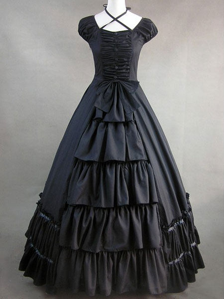Elegant Gothic Lolita Victorian Black Ruffled Cotton Long Formal  Dress steampunk buy now online