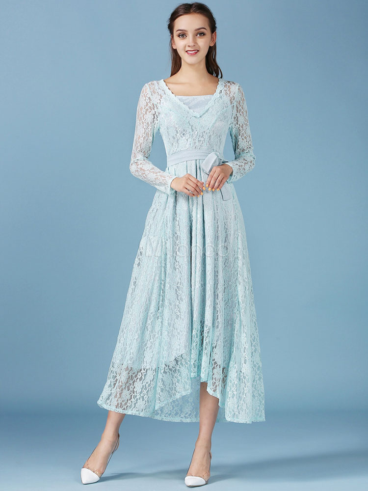 Long Sleeves Lace Dress Blue Summer V Neck Maxi Dress (Women\\'s Clothing Maxi Dresses) photo