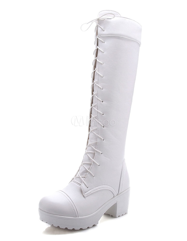White High Boots Knee Length Women's Platform Laceup PU Chunky Heel
