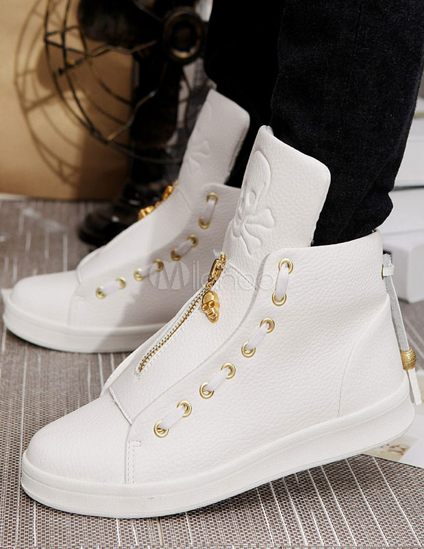 Black Casual Shoes Zipper Men's Round Toe Drawstring PU Skate Shoes