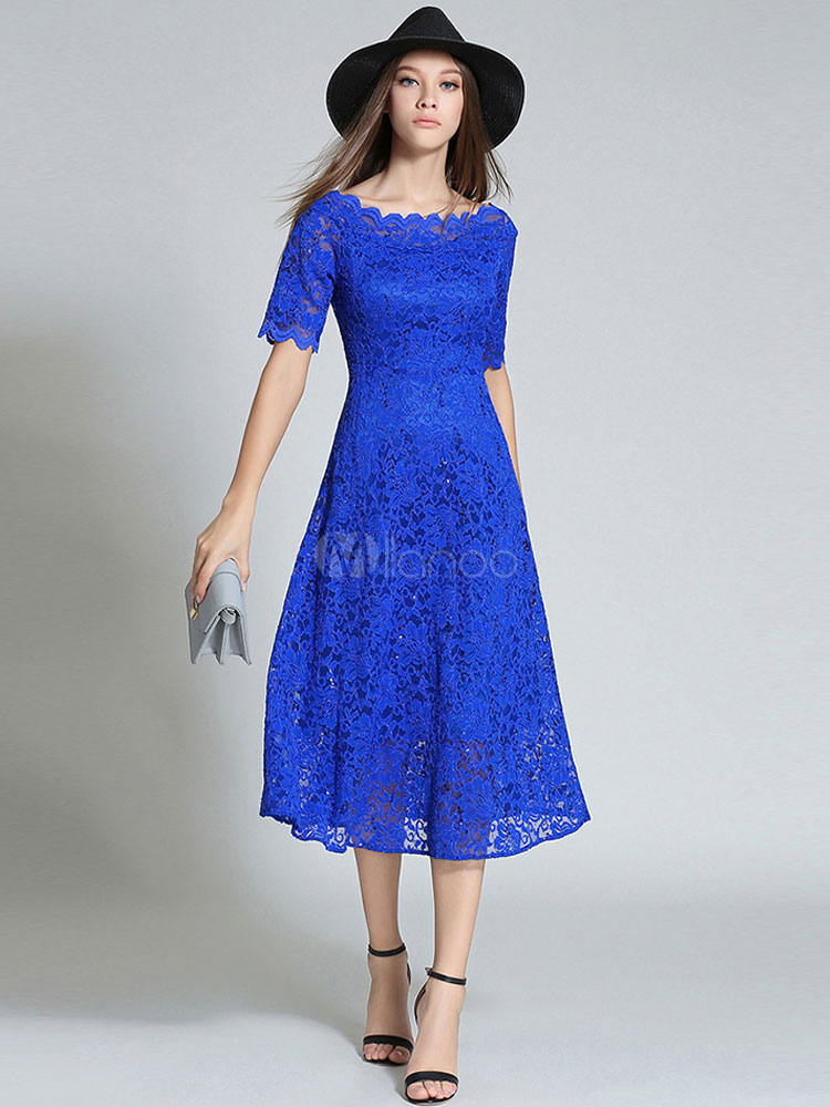 Vintage Style Lace Dress Royal Blue Women's Scalloped Skater Dress (Women\\'s Clothing Lace Dresses) photo