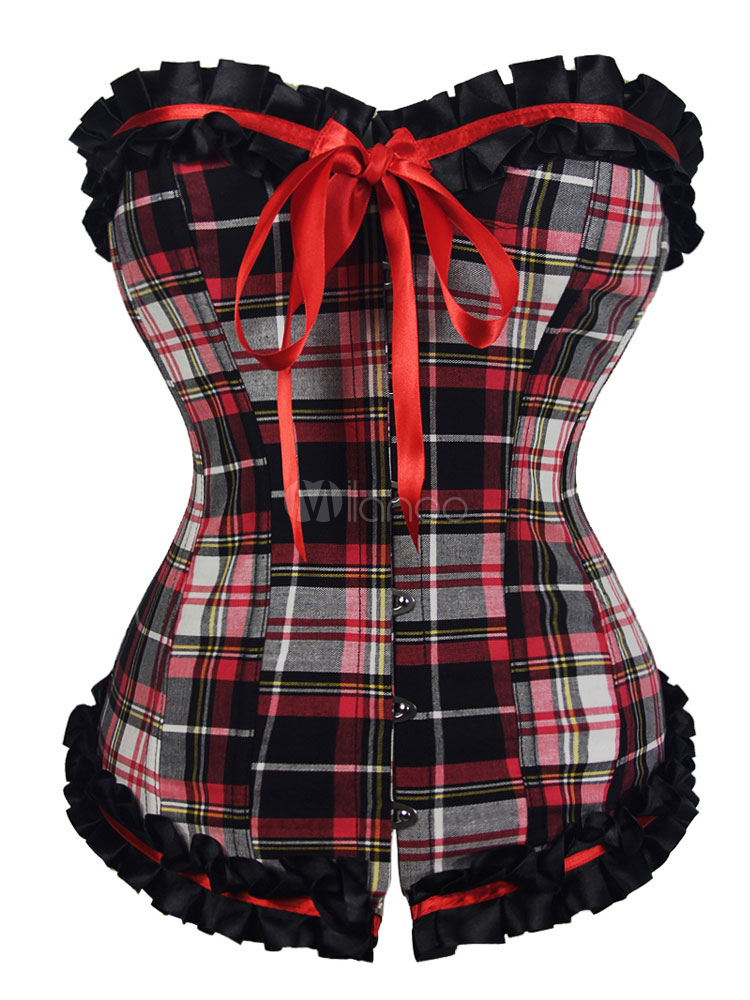 Women's Red Corset Front Buttons Lace Up Ruffles Plaided Pattern Bow