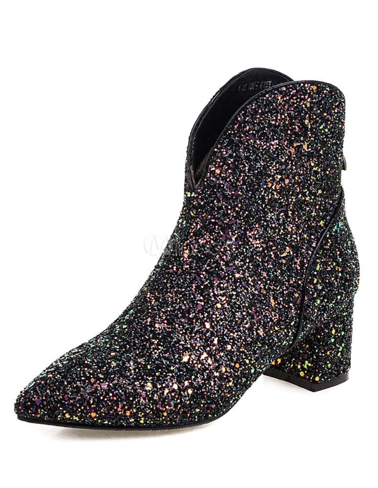Glitter Ankle Boots Chunky Heel Pointed Toe Booties For Women