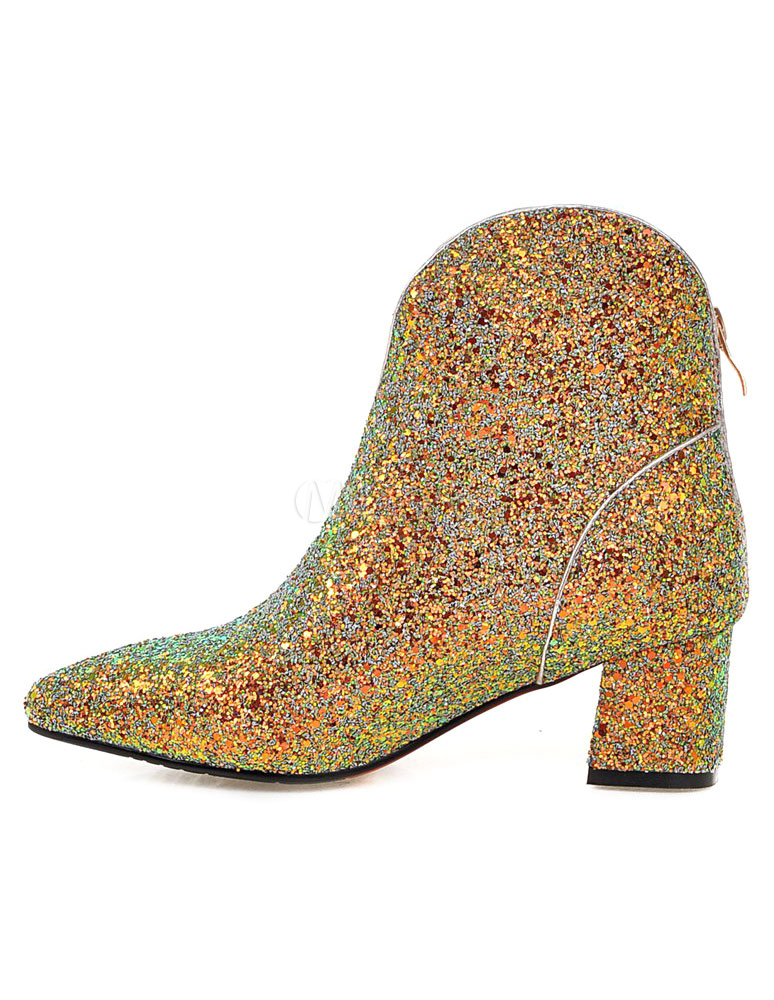 Glitter Ankle Boots Chunky Heel Pointed Toe Booties For Women