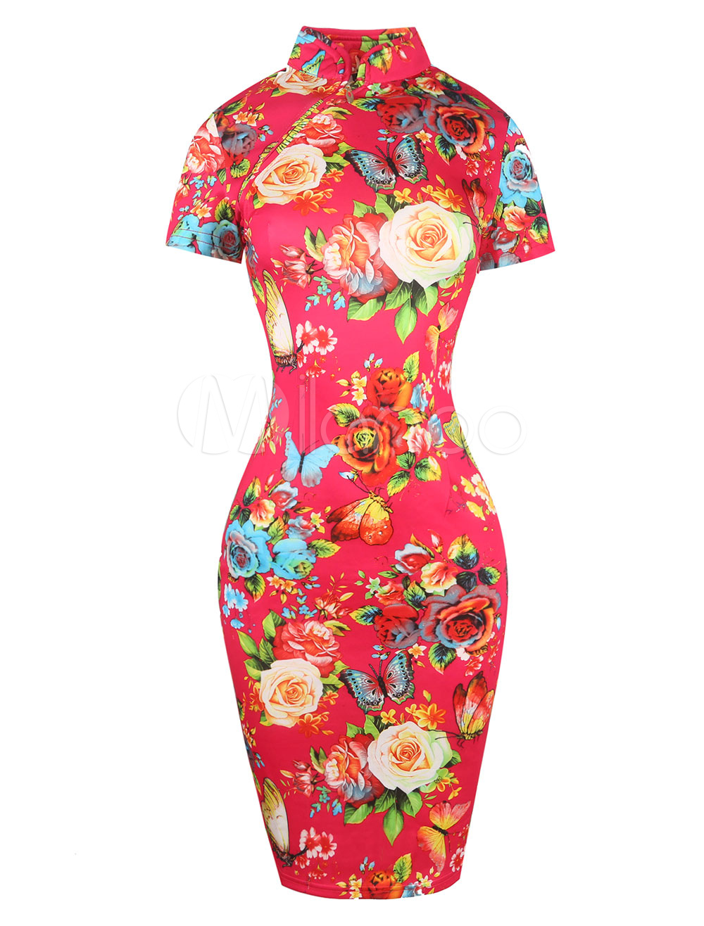 Red Vintage Dress Floral Printed Stand Collar Long Sleeve Slim Fit Bodycon Dress (Women\\'s Clothing Vintage Dresses) photo