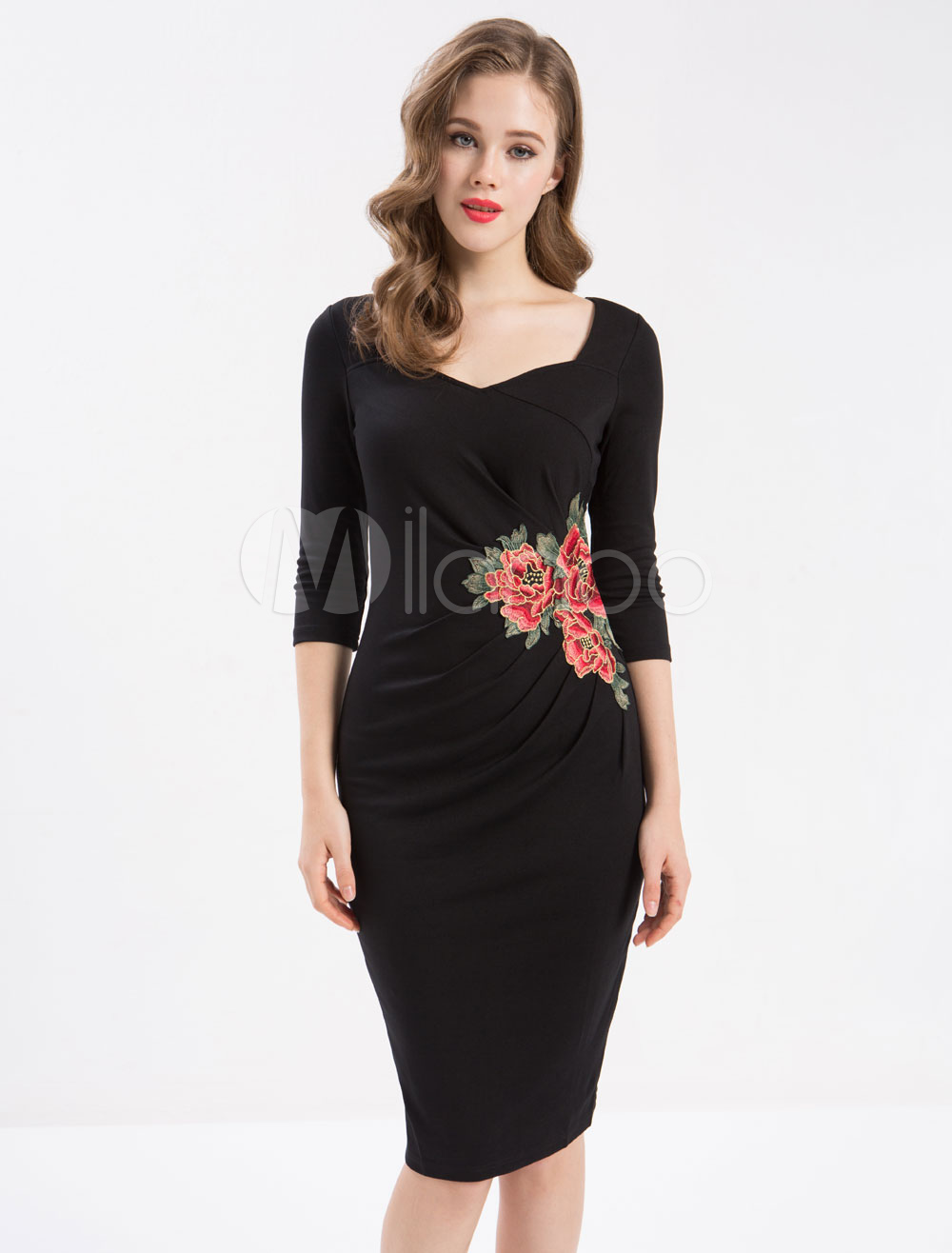 Vintage Black Dress Bodycon Long Sleeve Women's Flower Embroidered Retro Draped Dress (Women\\'s Clothing Vintage Dresses) photo