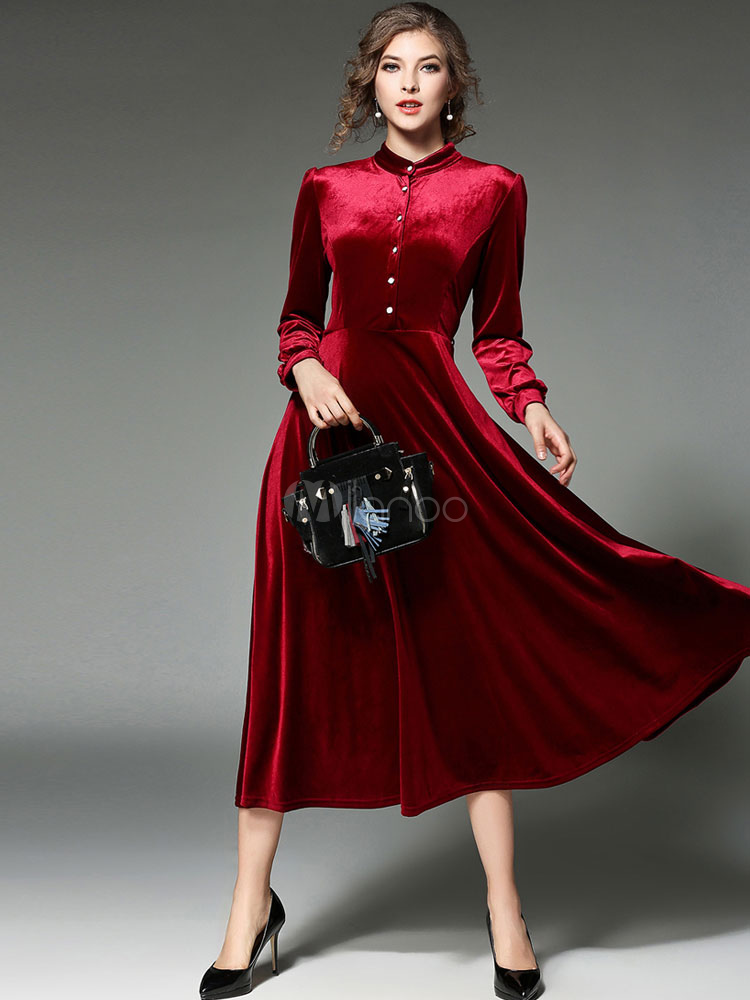 マキシワンピース ワインレッド 長袖 無地 ベロア スタンドカラー ボタン シック＆モダン ロング 女性用 カジュアル マキシドレス