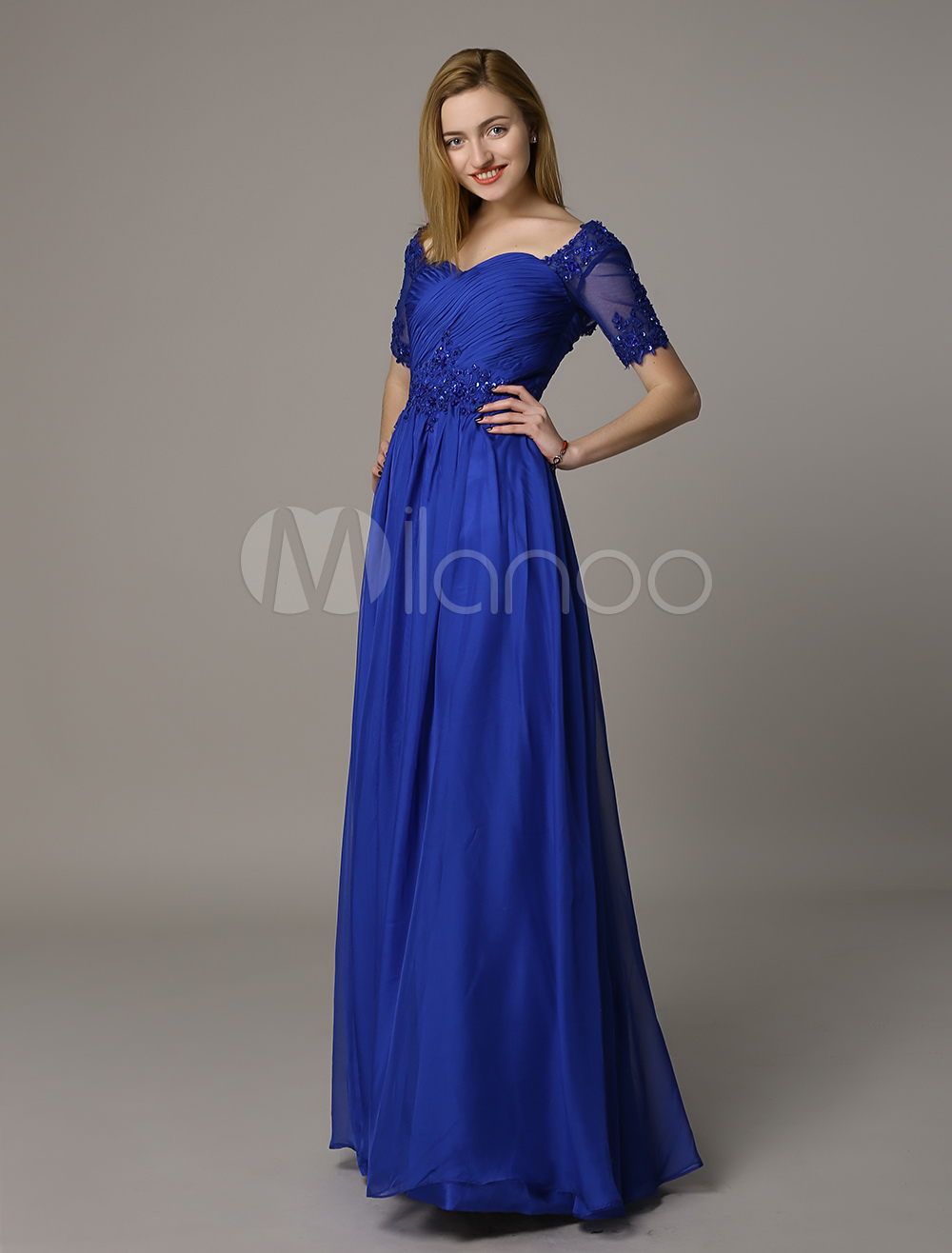 Royal Blue Short Sleeve Chiffon Lace Applique Prom Dress (Wedding Prom Dresses) photo