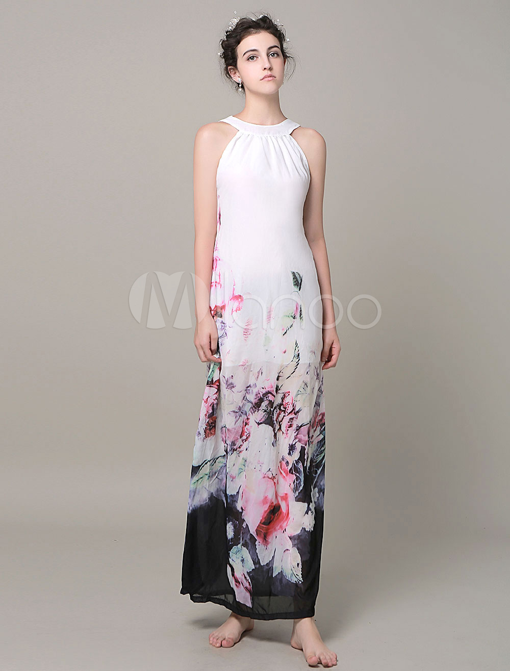 Chiffon Blooming Flowers Printed Maxi Dress (Women\\'s Clothing Maxi Dresses) photo