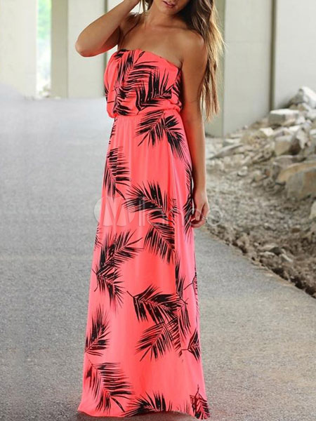Strapless Maxi Dress Palm Tree Print Long Dress For Women (Women\\'s Clothing Maxi Dresses) photo