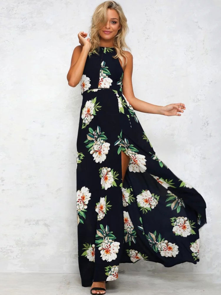 Navy Maxi Dress Halter Sleeveless Floral Printed Slit Long Dress For Women (Women\\'s Clothing Maxi Dresses) photo