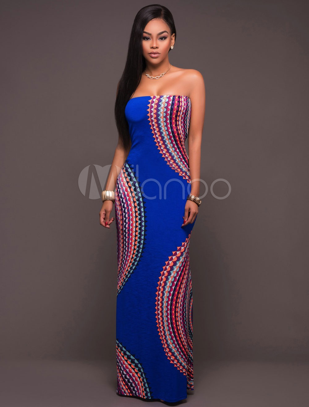 Boho Maxi Dress Blue Strapless Sleeveless Printed Long Dress For Women (Women\\'s Clothing Maxi Dresses) photo