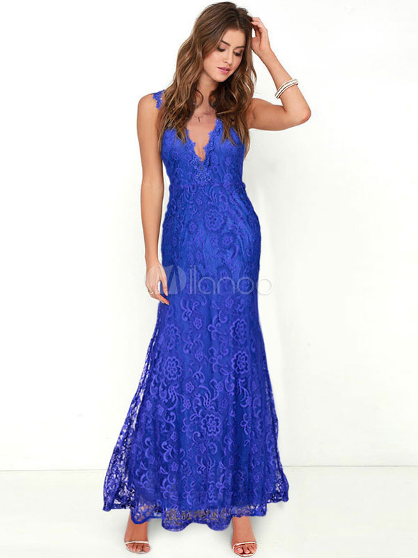 Lace Maxi Dresses Blue V Neck Backless Sleeveless Women's Summer Long Dress (Women\\'s Clothing) photo