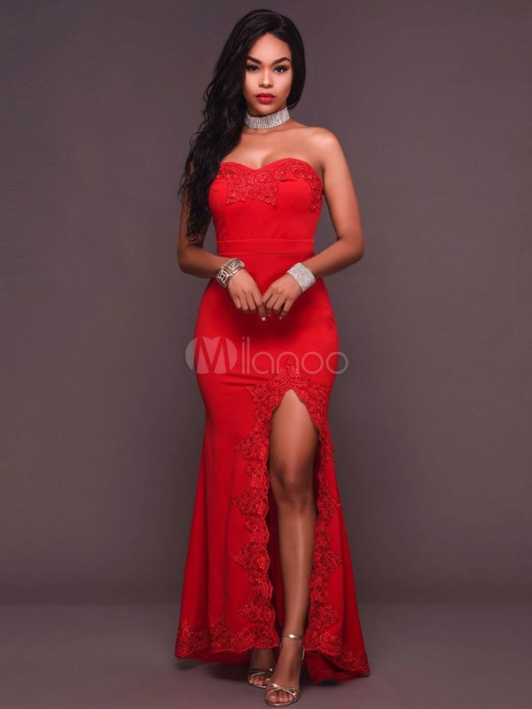 Red Maxi Dress Sweatheart Strapless Lace High Split Women's Long Dresses (Women\\'s Clothing Maxi Dresses) photo