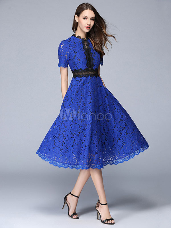 Women's Lace Dress Deep Blue Short Sleeve Two Tone Skater Dress (Women\\'s Clothing Lace Dresses) photo