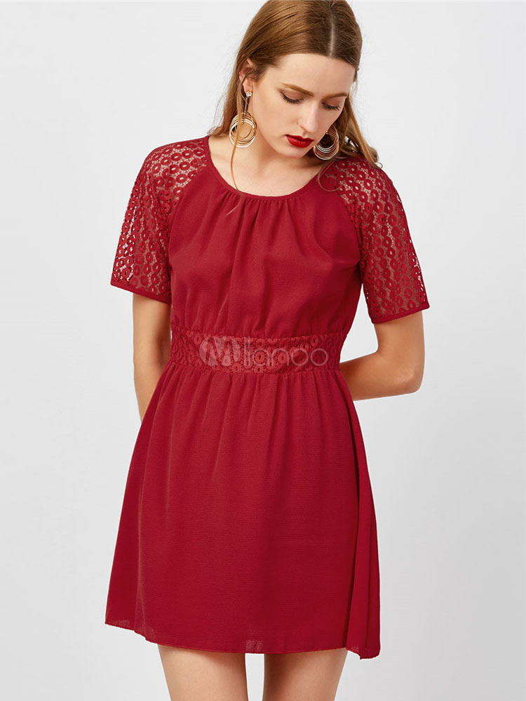 Burgundy Skater Dress Chiffon Round Neck Short Sleeve Slim Fit Short Dress Icon
