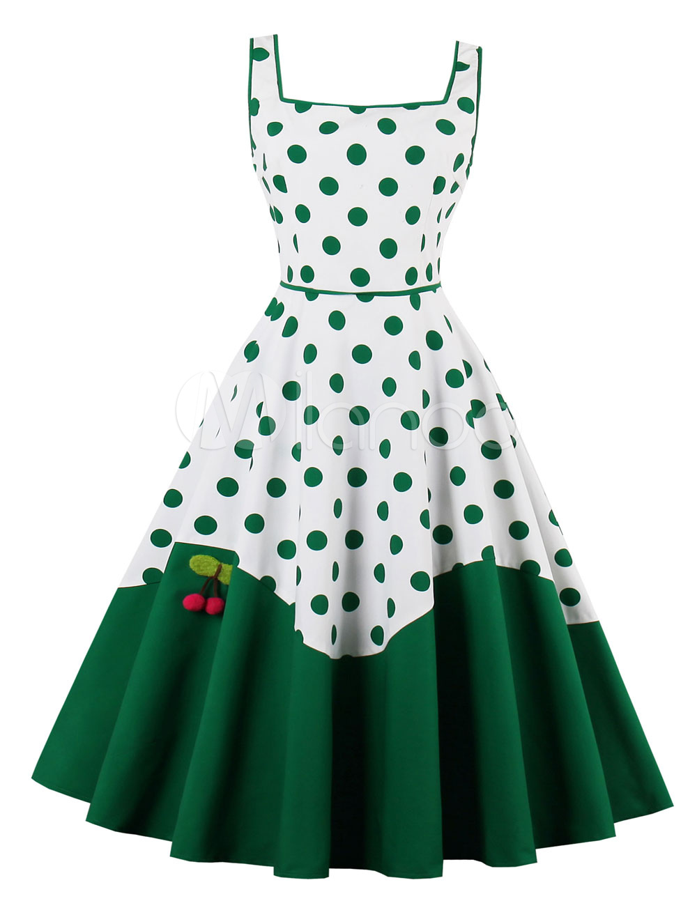 Women Green Dress Vintage Sleeveless Square Neck Polka Dot Print Patchwork A Line Swing Dresses (Women\\'s Clothing Vintage Dresses) photo