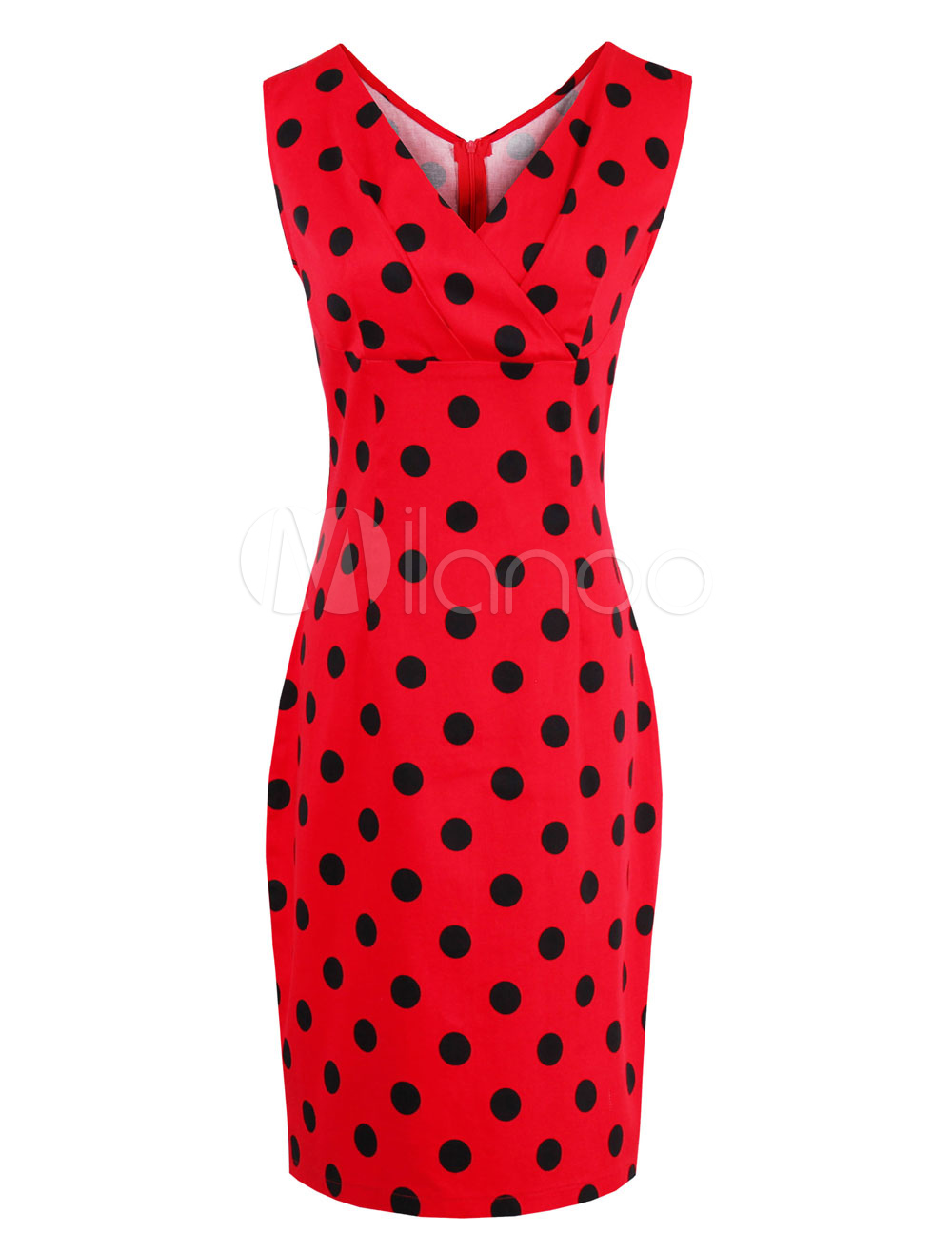 Red Vintage Dress V Neck Sleeveless Polka Dot Print Split Women's Summer Dresses (Women\\'s Clothing Vintage Dresses) photo