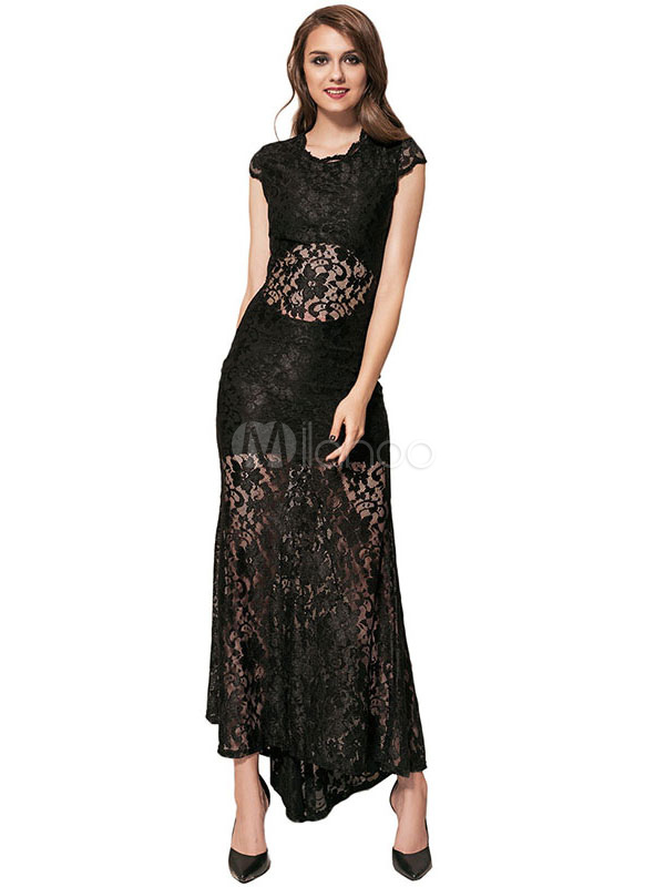 Black Party Dress Round Neck Short Sleeve Lace Semi Sheer Cut Out Women's Long Dresses (Women\\'s Clothing Party Dresses) photo